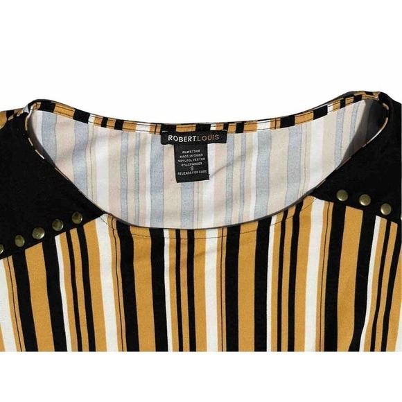 Robert Louis Striped Studded Detail 3/4 Sleeve Top Black Gold‎ White Small - Picture 3 of 5